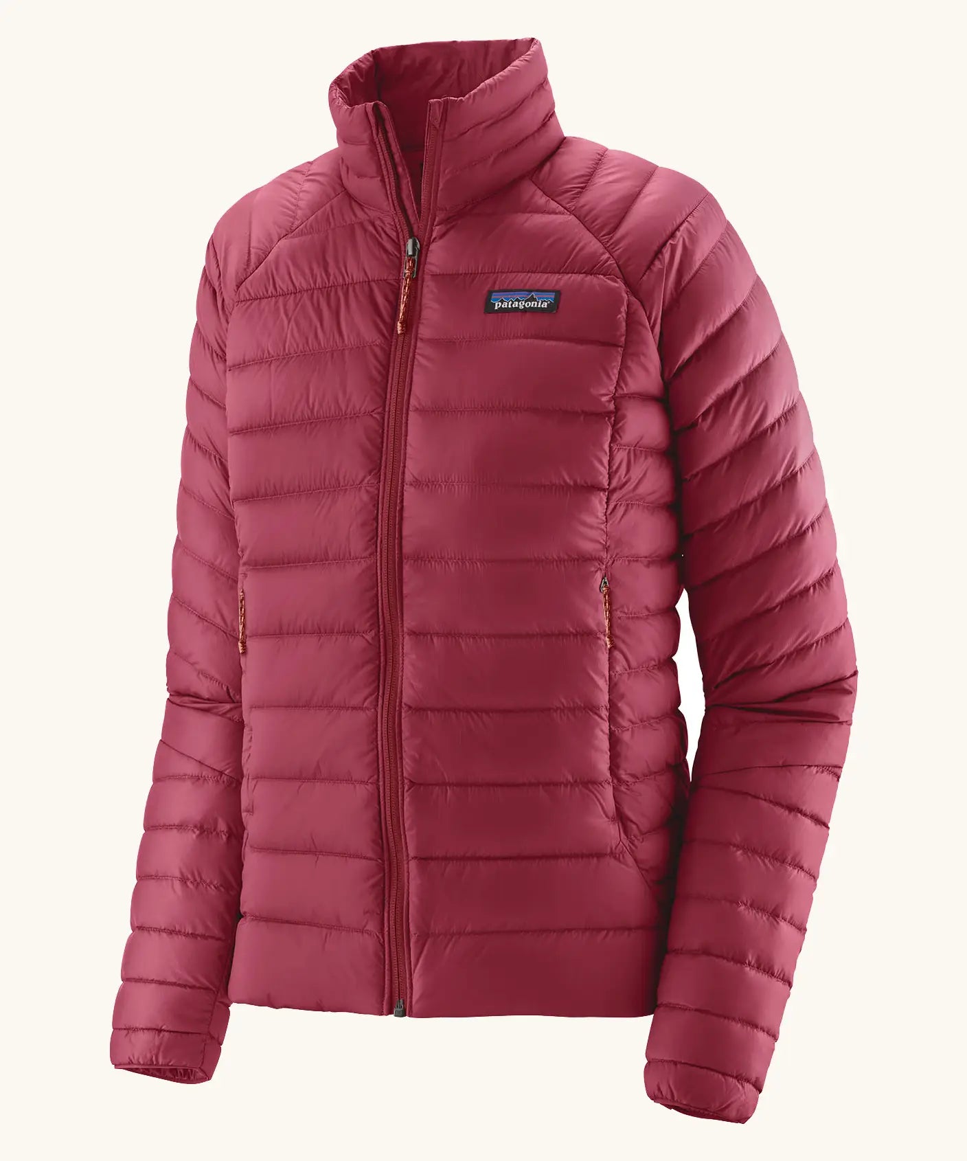 Patagonia Women's recycled down puffer jacket sweater in Marion Red with high collar and full zip.