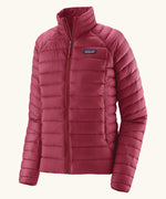 Patagonia Women's recycled down puffer jacket sweater in Marion Red with high collar and full zip.