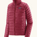 Patagonia Women's recycled down puffer jacket sweater in Marion Red with high collar and full zip.