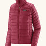 Patagonia Women's recycled down puffer jacket sweater in Marion Red with high collar and full zip.