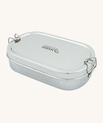 A slice of green oval lunchbox with mini container available at Babipur. A circular stainless steel lunchbox with a clip fastener on each side