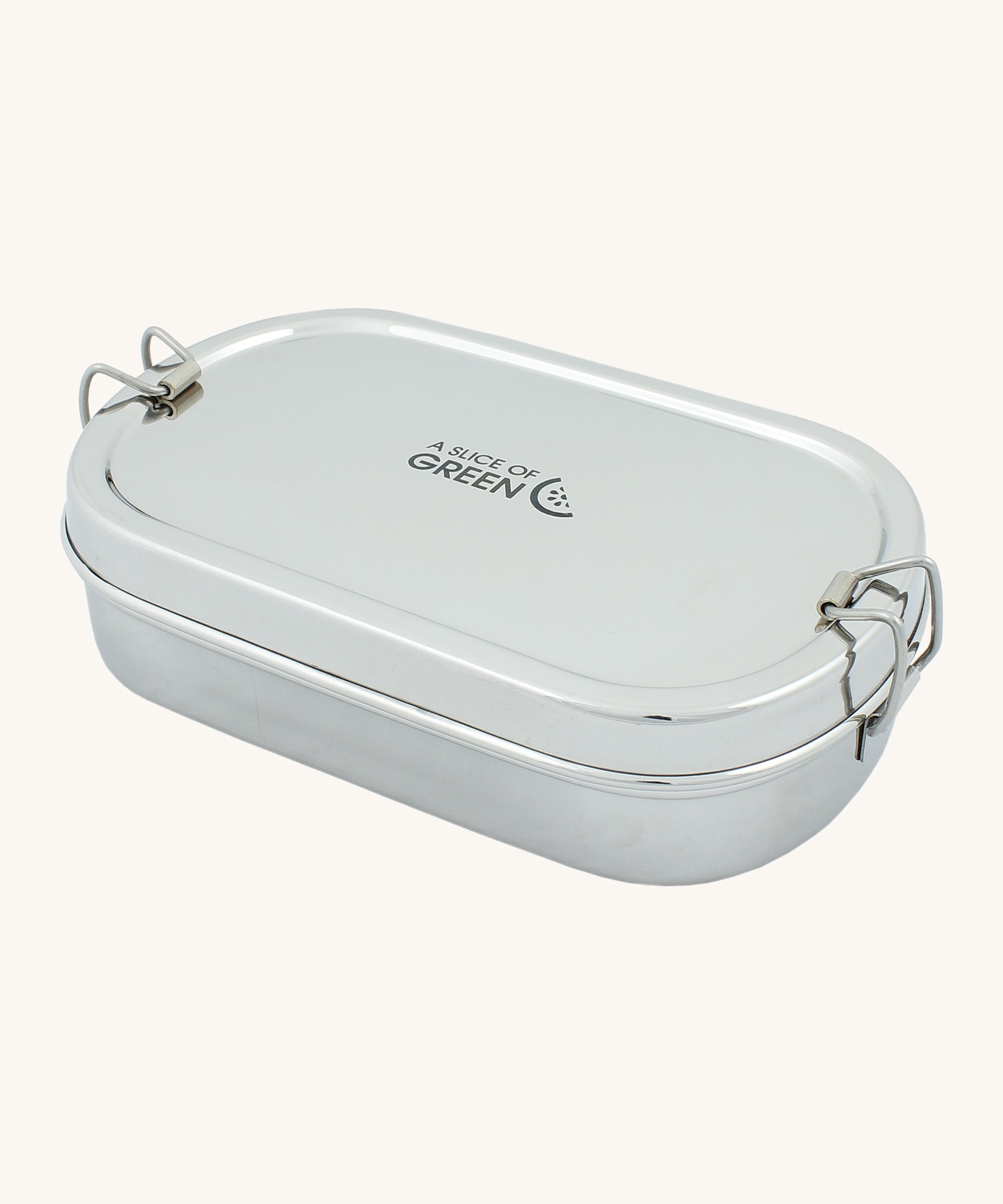 A slice of green oval lunchbox with mini container available at Babipur. A circular stainless steel lunchbox with a clip fastener on each side