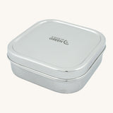 A slice of green shimla large square container lunchbox available at Babipur. A square stainless steel lunchbox with the brand logo on the lid. 
