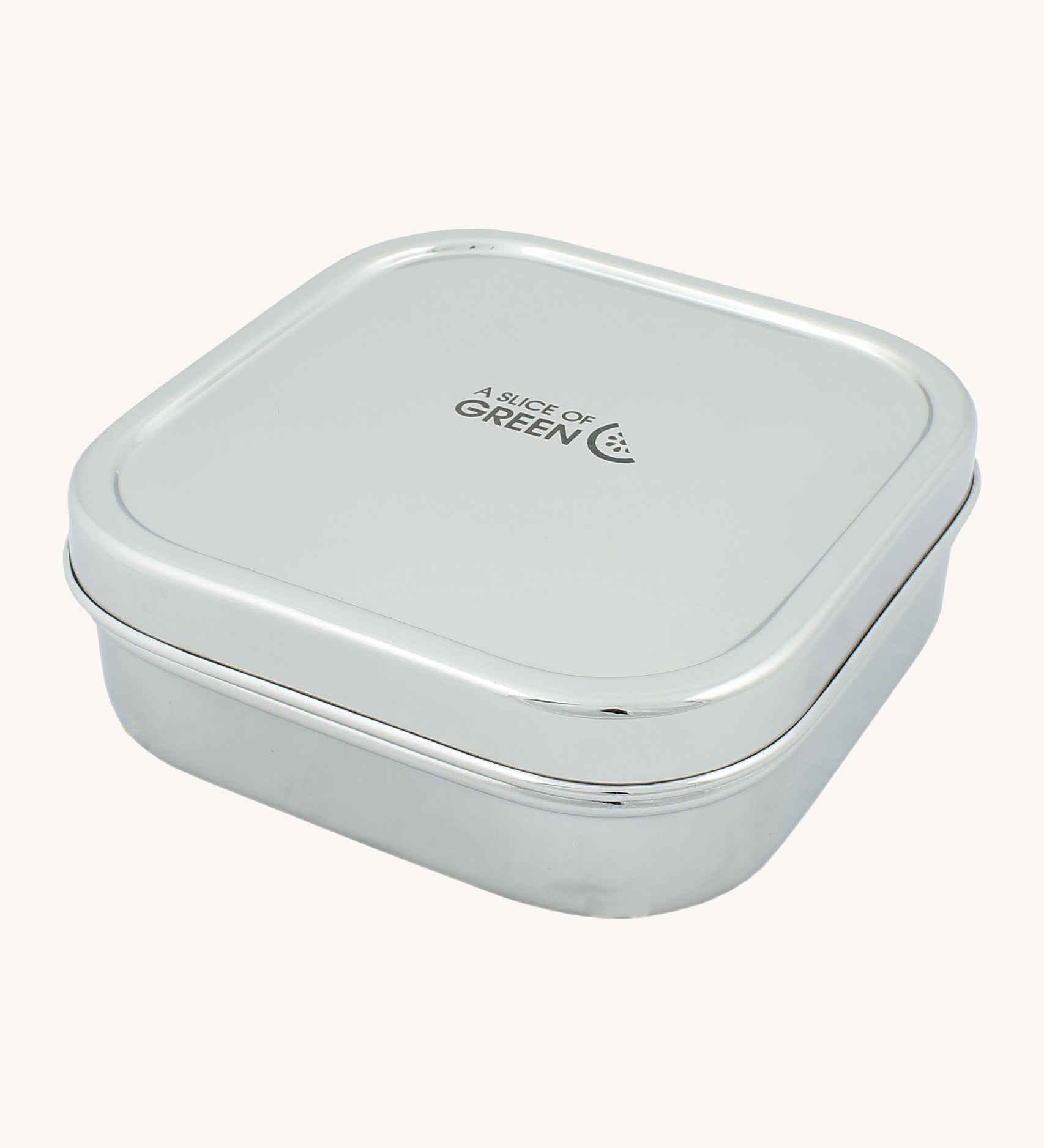 A slice of green shimla large square container lunchbox available at Babipur. A square stainless steel lunchbox with the brand logo on the lid. 