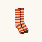 Orange and white striped socks from the Little Green Radicals red apple organic cotton boot socks in a 2 pack. 