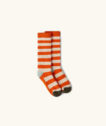 Orange and white striped socks from the Little Green Radicals red apple organic cotton boot socks in a 2 pack. 