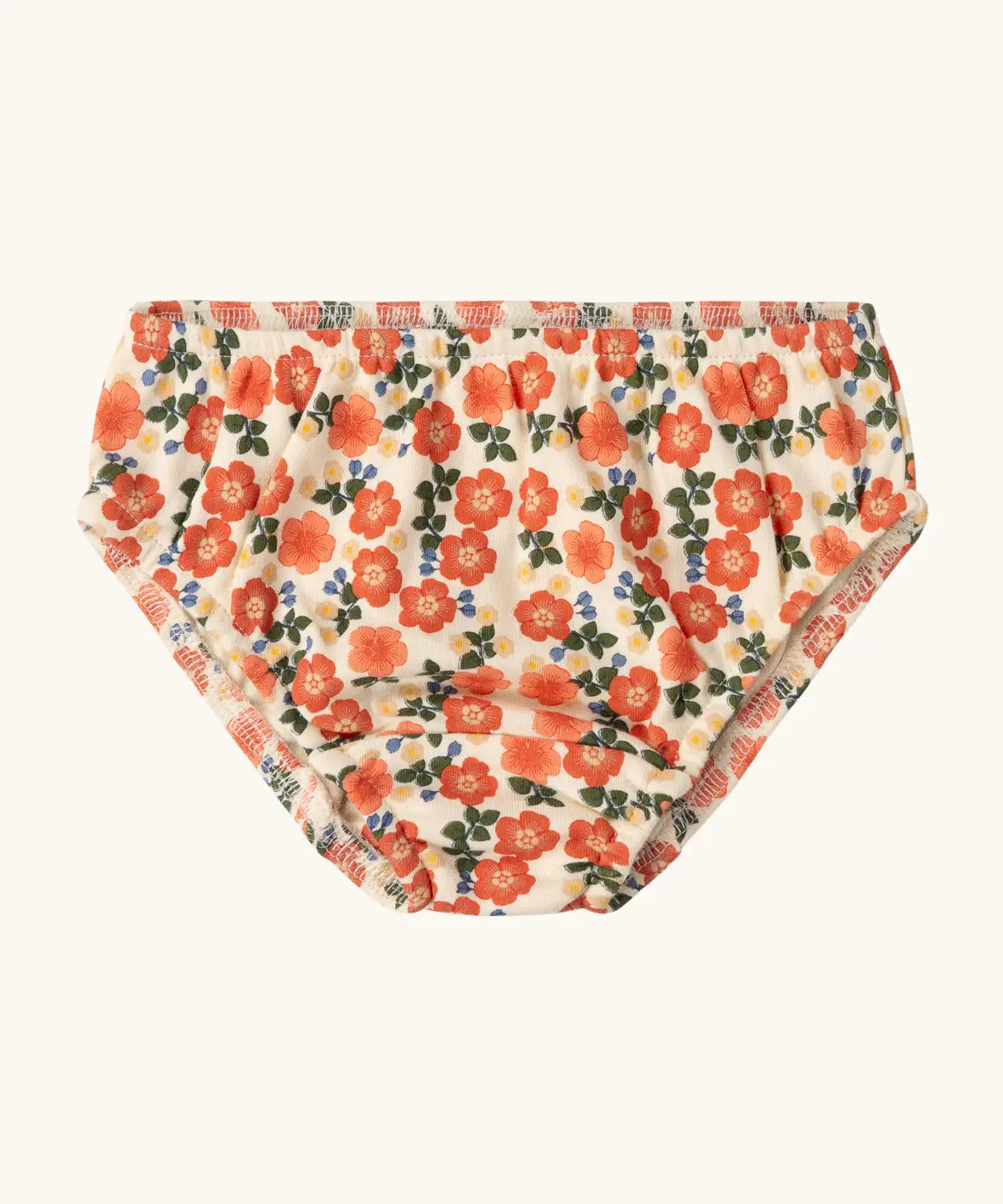 Petals patterned briefs from the Little Green Radicals organic cotton underwear in a 3 pack. Light pants with an all over pink flower print.