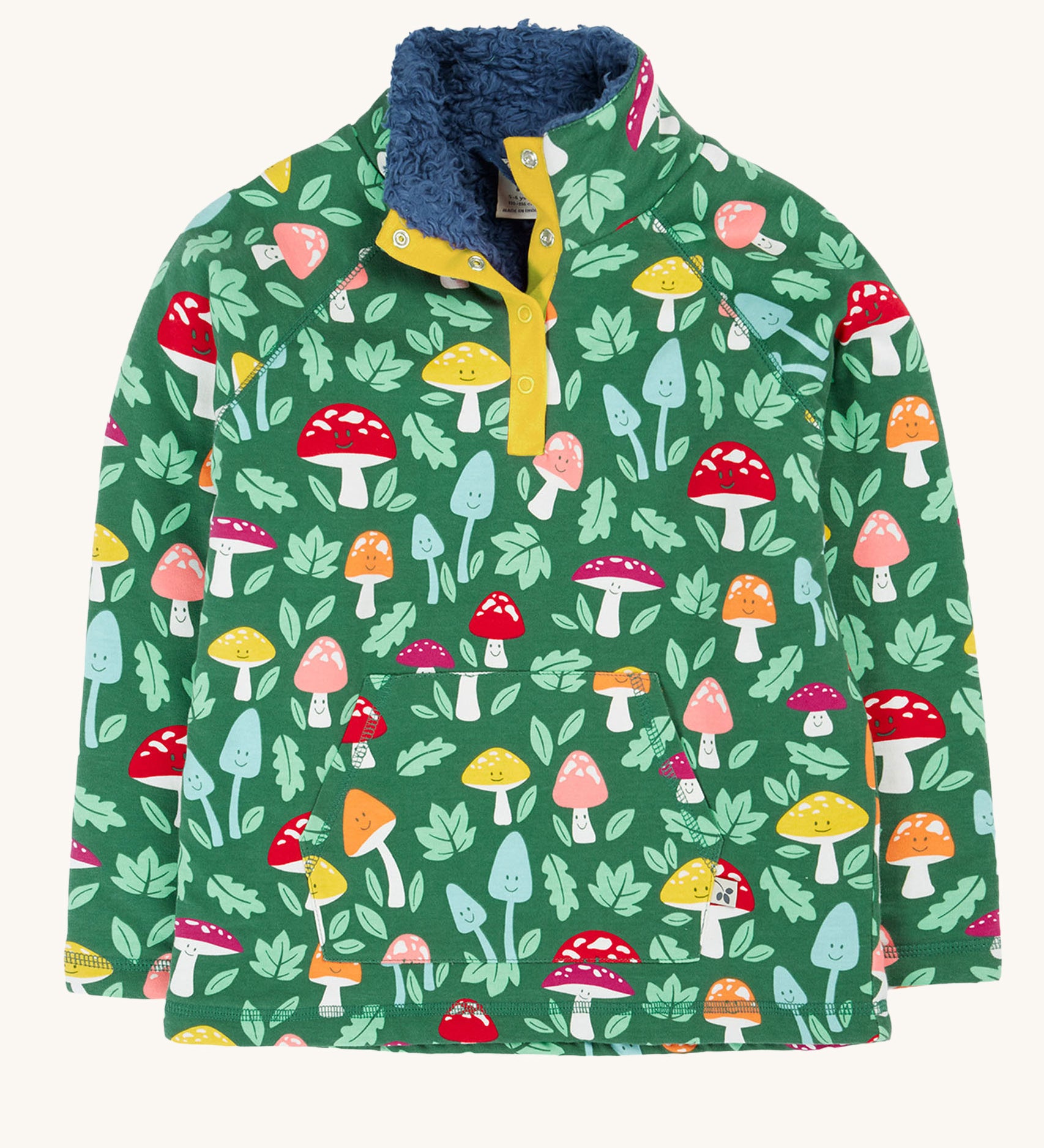 Frugi fun-guys snuggle fleece. A mushroom themed print on a green coloured background. 