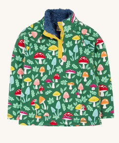 Frugi fun-guys snuggle fleece. A mushroom themed print on a green coloured background. 