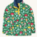 Frugi fun-guys snuggle fleece. A mushroom themed print on a green coloured background. 