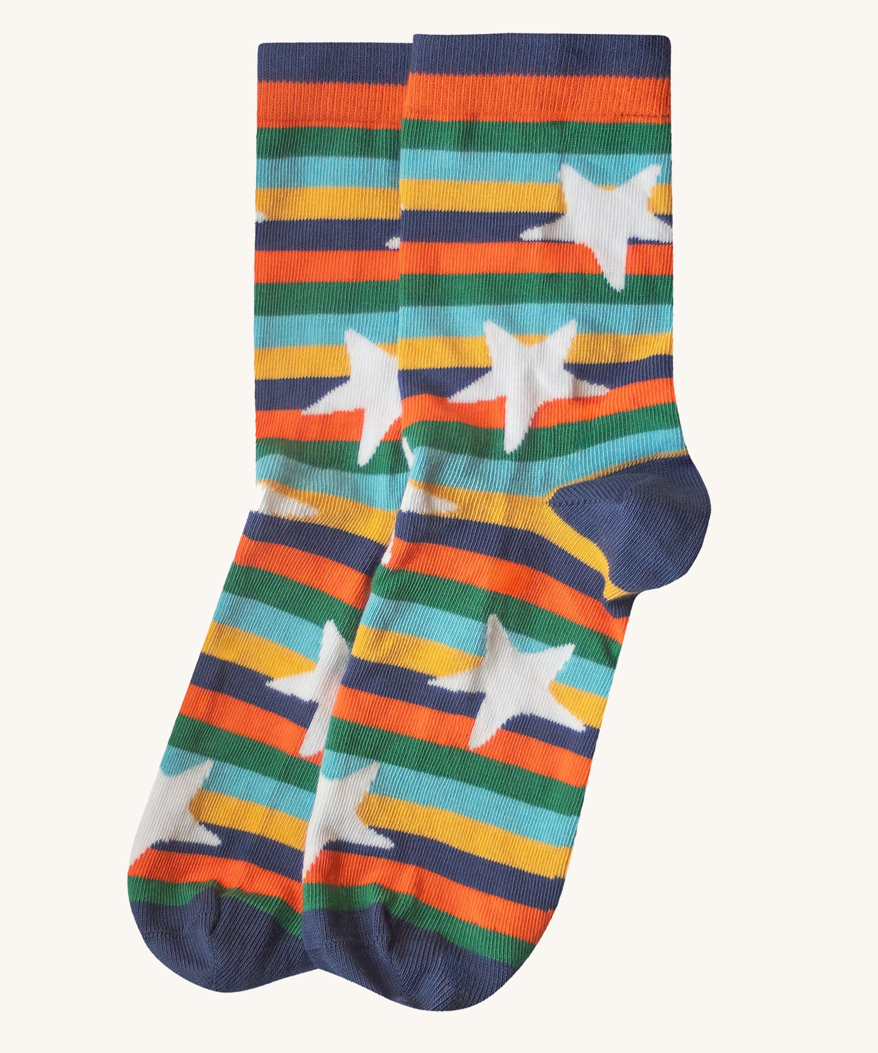 The rainbow striped star design socks from the Frugi rock my socks penguin socks multi-pack of children's organic cotton socks.