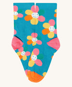 The blue multi-coloured happy flowers socks from the Frugi rock my socks flowers socks multi-pack of children's organic cotton socks.