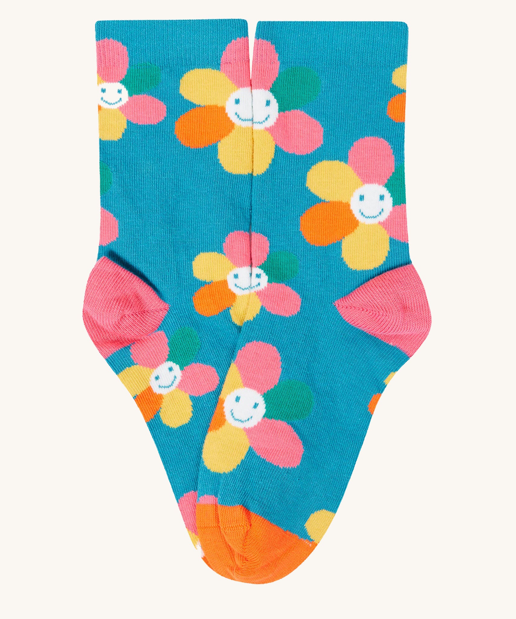 The blue multi-coloured happy flowers socks from the Frugi rock my socks flowers socks multi-pack of children's organic cotton socks.