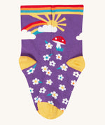 The purple multi-coloured flower and rainbow, sun design socks from the Frugi rock my socks flowers socks multi-pack of children's organic cotton socks.