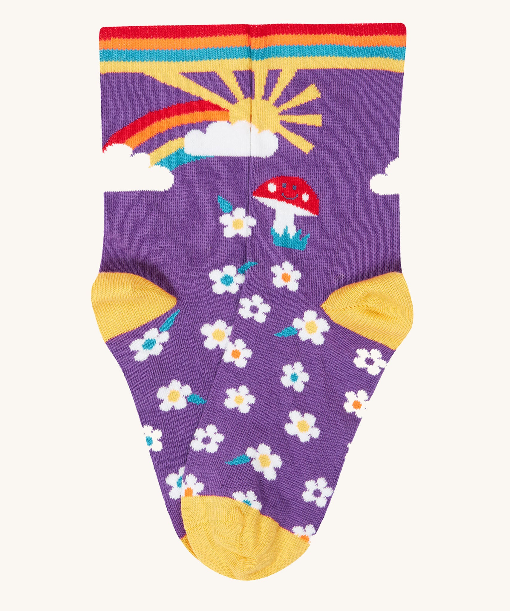 The purple multi-coloured flower and rainbow, sun design socks from the Frugi rock my socks flowers socks multi-pack of children's organic cotton socks.