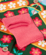 Close up of the pink fold down cuffs on the Frugi Robyn fairisle cardigan with a mouse Fair Isle design.