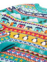Close up of the Frugi adults festive fair isle organic cotton christmas jumper.