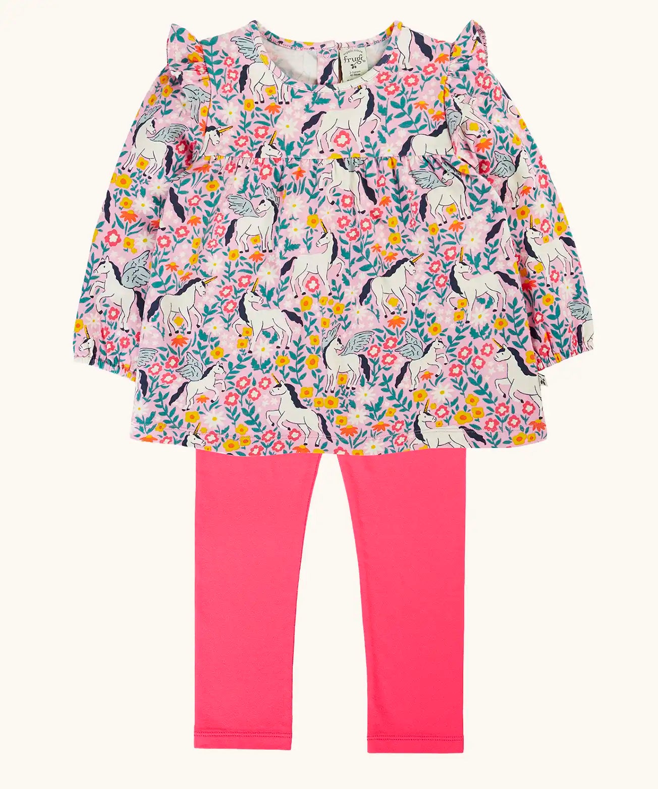 Frugi organic cotton Charlotte outfit. All over floral flight, frilled shoulder long sleeve top with rhubarb pink leggings.