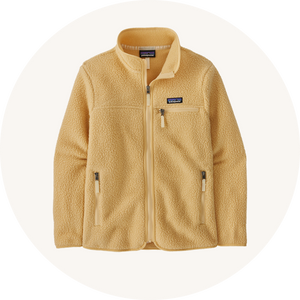 Patagonia yellow retro pile jacket on cream background to represent Patagonia adults hoodies and fleeces at Babipur.