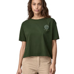 A closer look at the front of the Patagonia Women's Easy Cut Organic T-Shirt - Pine Green, showing the small earth logo on the chest