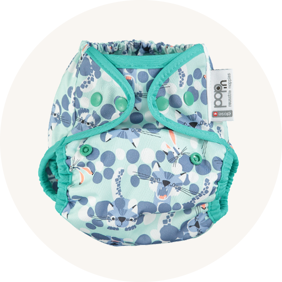 Pop-in One-Size Nappy Snow Leopard Print with popper closures - all in two reusable cloth nappy. Recycled polyester with a waterproof shell - birth to potty nappy.