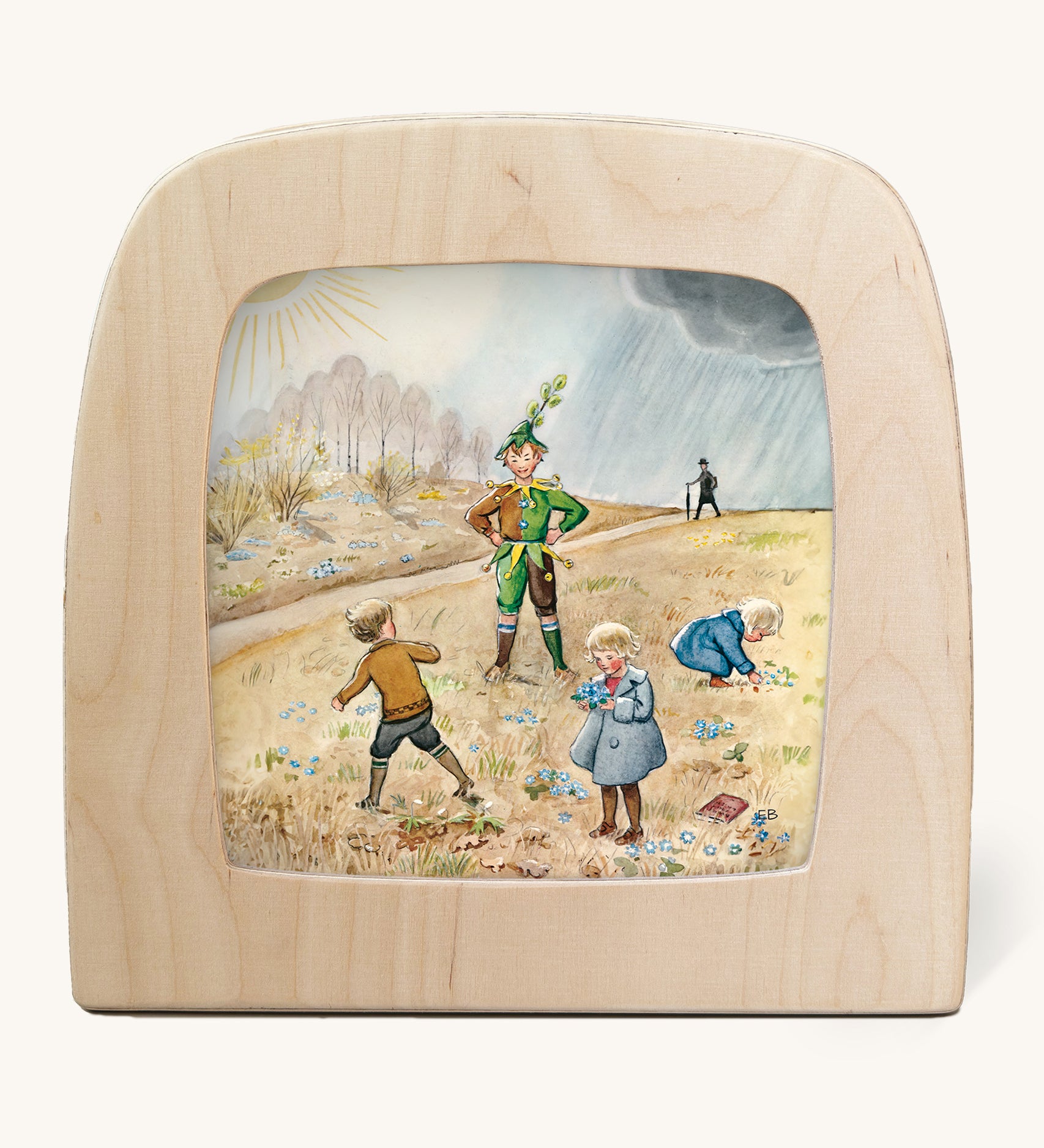 Toverlux StoryLux Silhouette Sets, Around The Year by Elsa Beskow. The image shows the April illustration inside a magic lamp, on a cream background