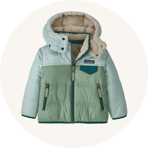 Patagonia Little Kids Reversible Tribbles Hoody - Ellwood Green to represent baby coats and outerwear at Babipur.