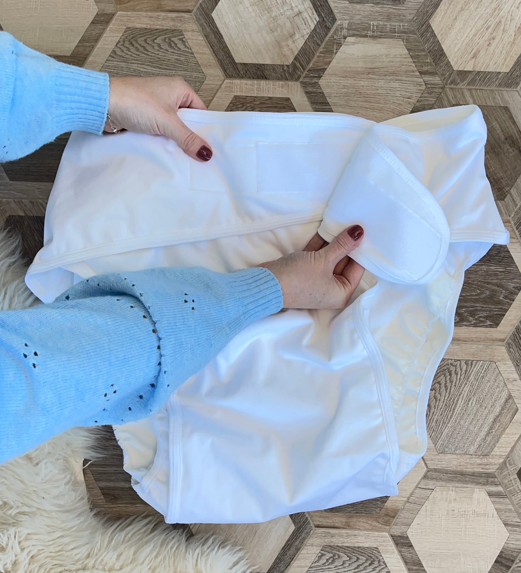 Velcro fastening adult and teen reusable incontinence nappy - comfy, washable and absorbent - for sale at Babipur.