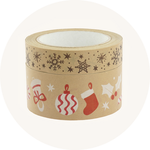 A stack of plastic-free Babipur paper brown snowflake and decoration tapes to represent Christmas tape, gift wrap and cards at Babipur.