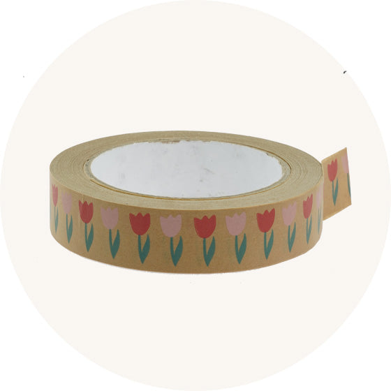 Babipur tulip paper tape on brown background for crafts, parcels or gift wrapping.