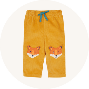 Frugi Arlo Cord Trousers in Gold with durable Fox knee patches - made from organic cotton - to represent baby trousers and bottoms available to buy at Babipur.