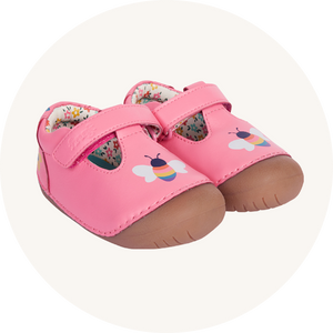 Frugi Cove First Walker Shoes in pink Tulip with a  Bee design - made from chrome-free leather - to represent baby shoes available at buy Babipur.