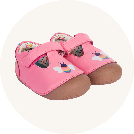 Frugi Cove First Walker Shoes in pink Tulip with a  Bee design - made from chrome-free leather - to represent baby shoes available at buy Babipur.
