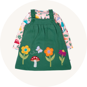 Frugi Pippa Pinafore Outfit in Holly Green / Fun-Guys / toadstools - made from GOTS organic cotton, circular collection - to represent baby dresses and skirts for sale at Babipur.