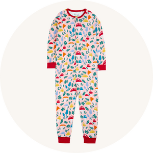 Frugi Zelah Zip Up All In One in Fun-Guys pink toadstool print - made from organic cotton, circular collection, to represent baby pyjamas and sleepsuits available to buy at Babipur.
