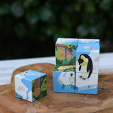 Bajo 2-in-1 polar jungle wooden cube block puzzle placed on a wooden surface with one block taken out of the cube.