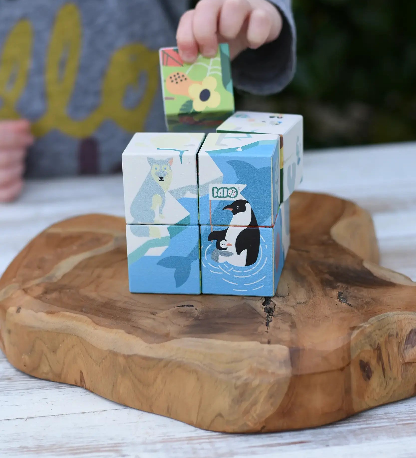 A child's hand is placing a colorful animal block onto a stack of wooden educational blocks featuring polar animals like a penguin and polar bear, set on a rustic wooden serving board.