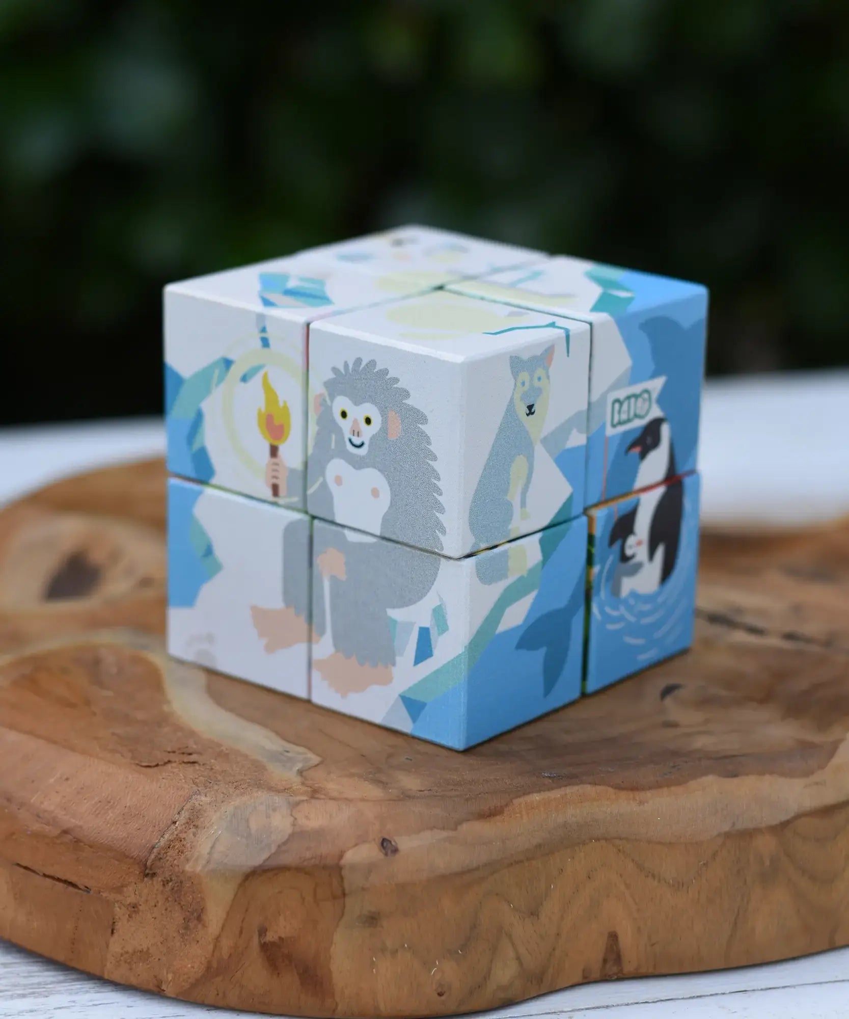 Bajo 2-in-1 polar jungle wooden cube block puzzle placed on a wooden surface shown on the polar design side featuring a yeti.