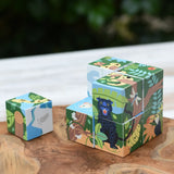 Bajo 2-in-1 polar jungle wooden cube block puzzle placed on a wooden surface with one block taken out of the cube.
