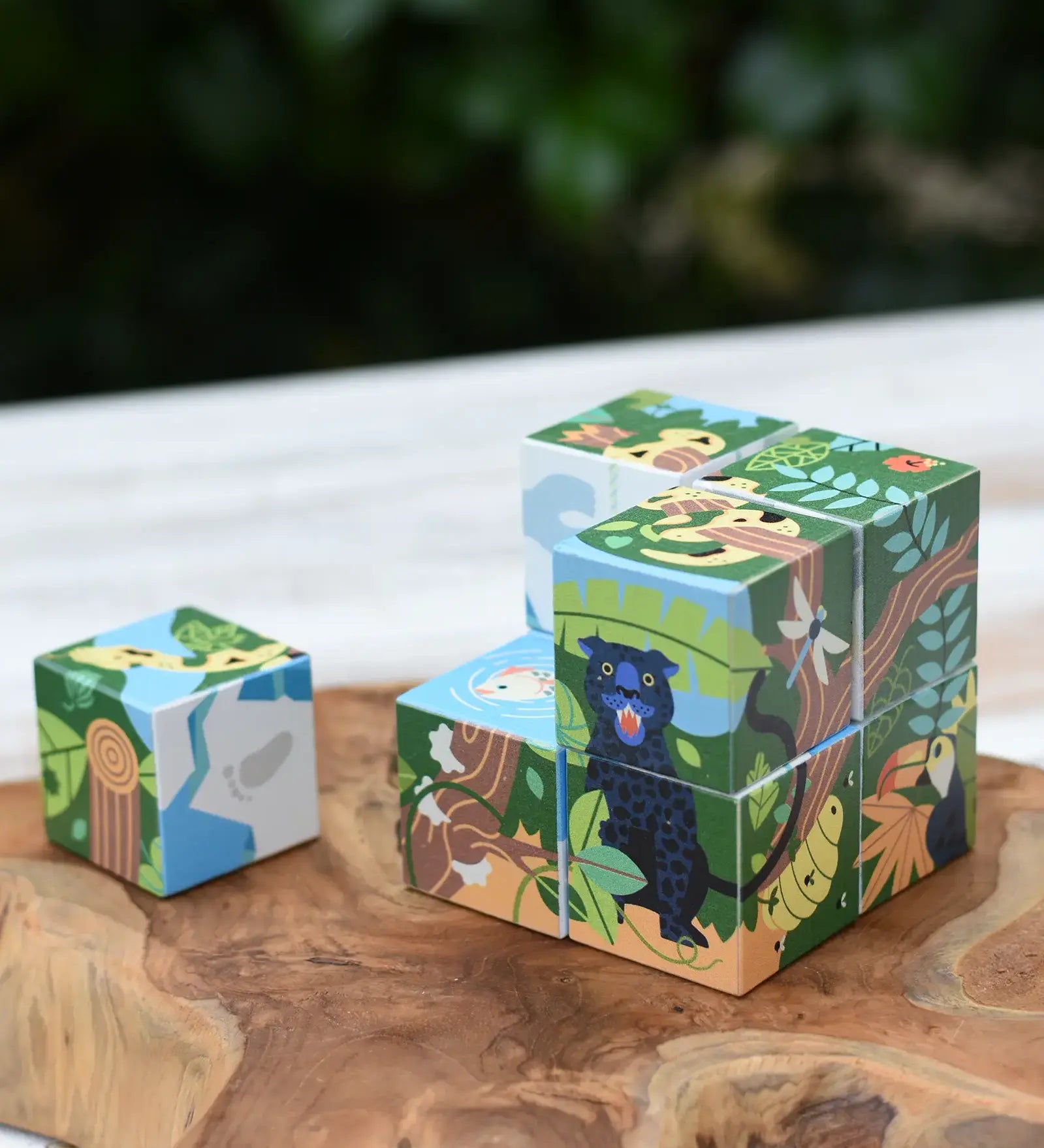 Bajo 2-in-1 polar jungle wooden cube block puzzle placed on a wooden surface with one block taken out of the cube.