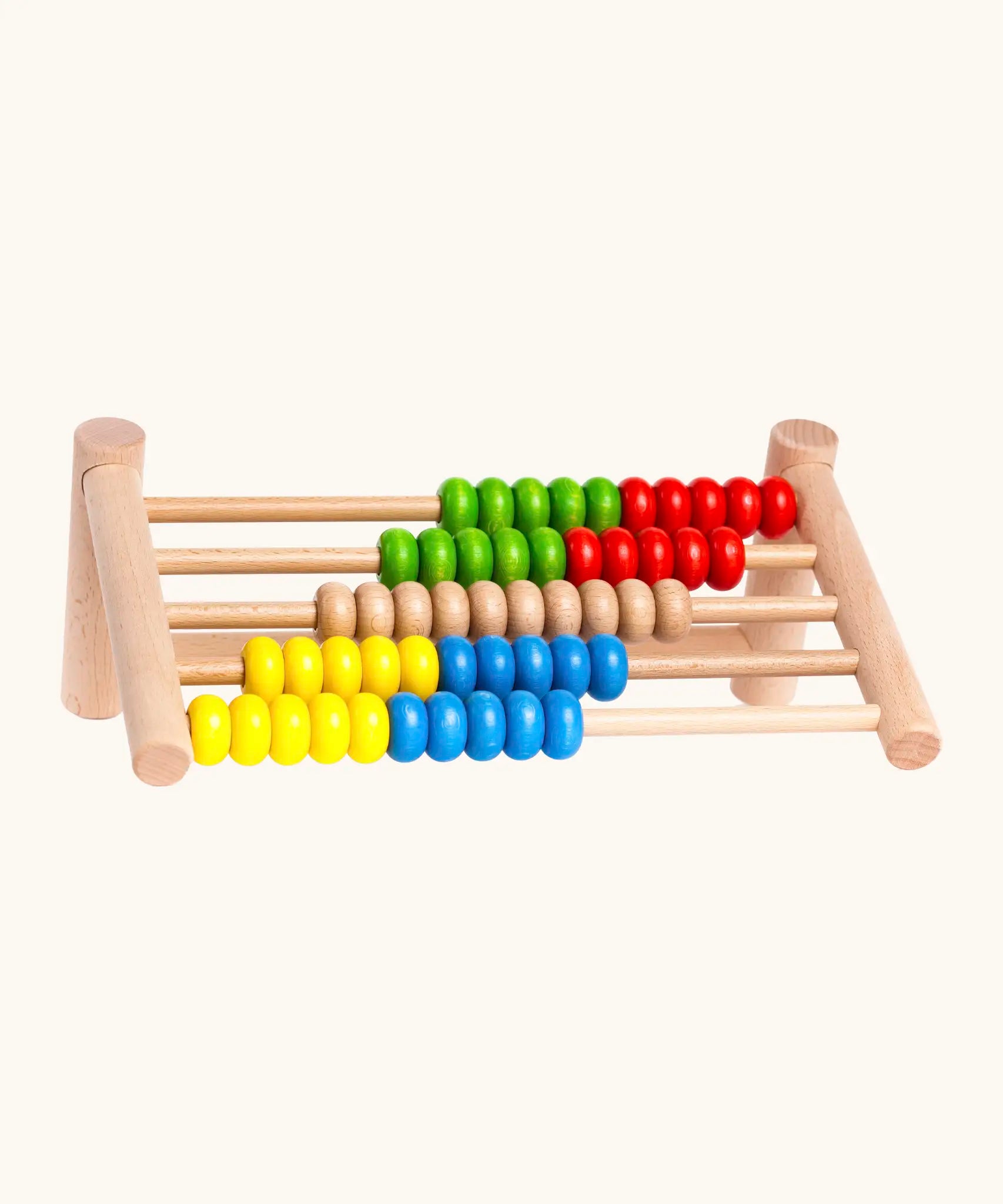 Bajo wooden wide abacus standing on its side showing the different coloured beads and unpainted frame 