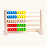 Bajo wooden wide abacus with 50 coloured beads including blue, yellow, unpainted, red and green standing upright