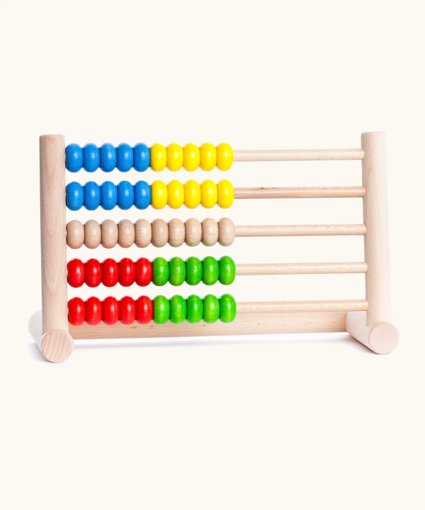 Bajo wooden wide abacus with 50 coloured beads including blue, yellow, unpainted, red and green standing upright