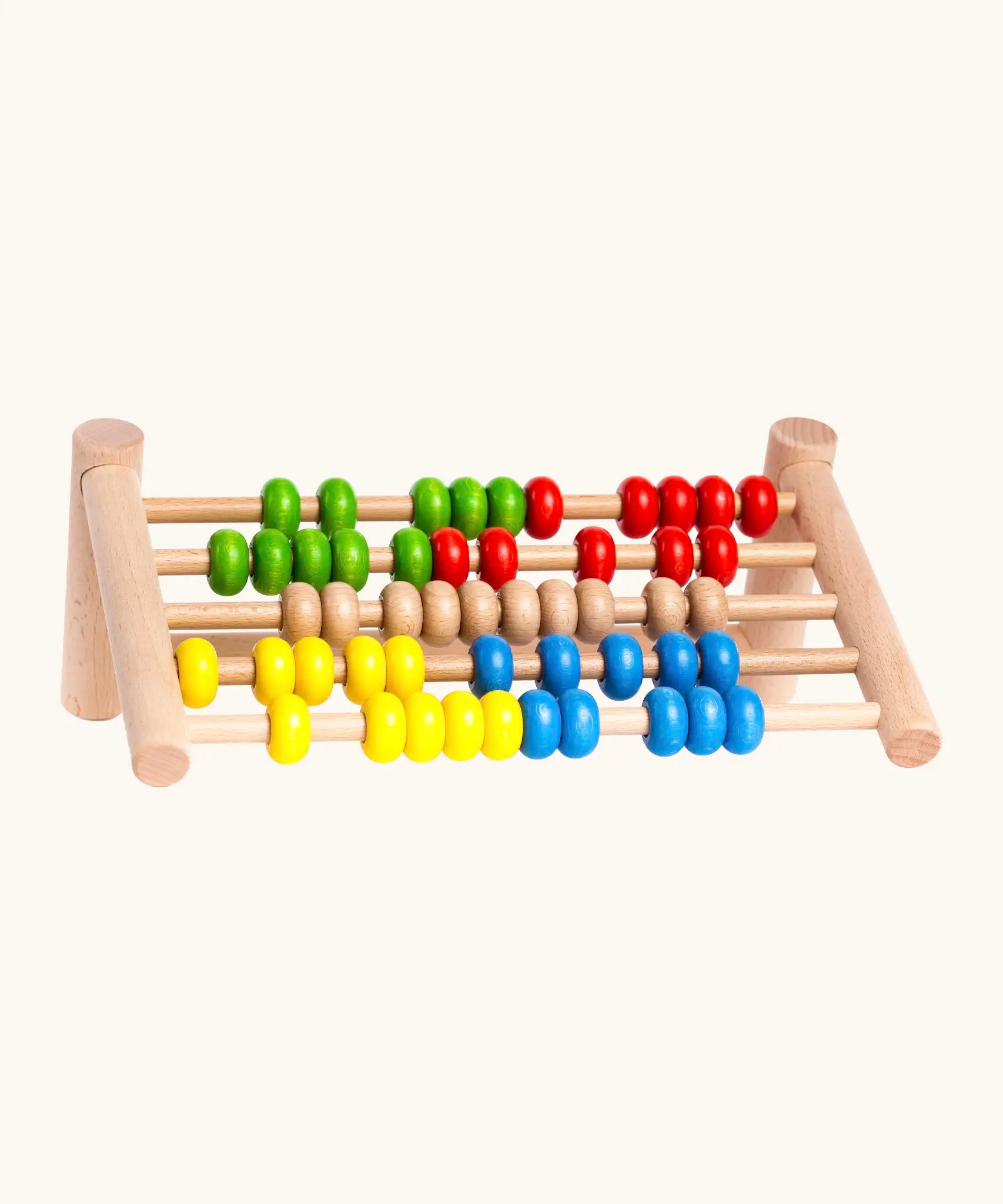 Bajo wooden wide abacus showing the different coloured beads and unpainted frame standing on its side