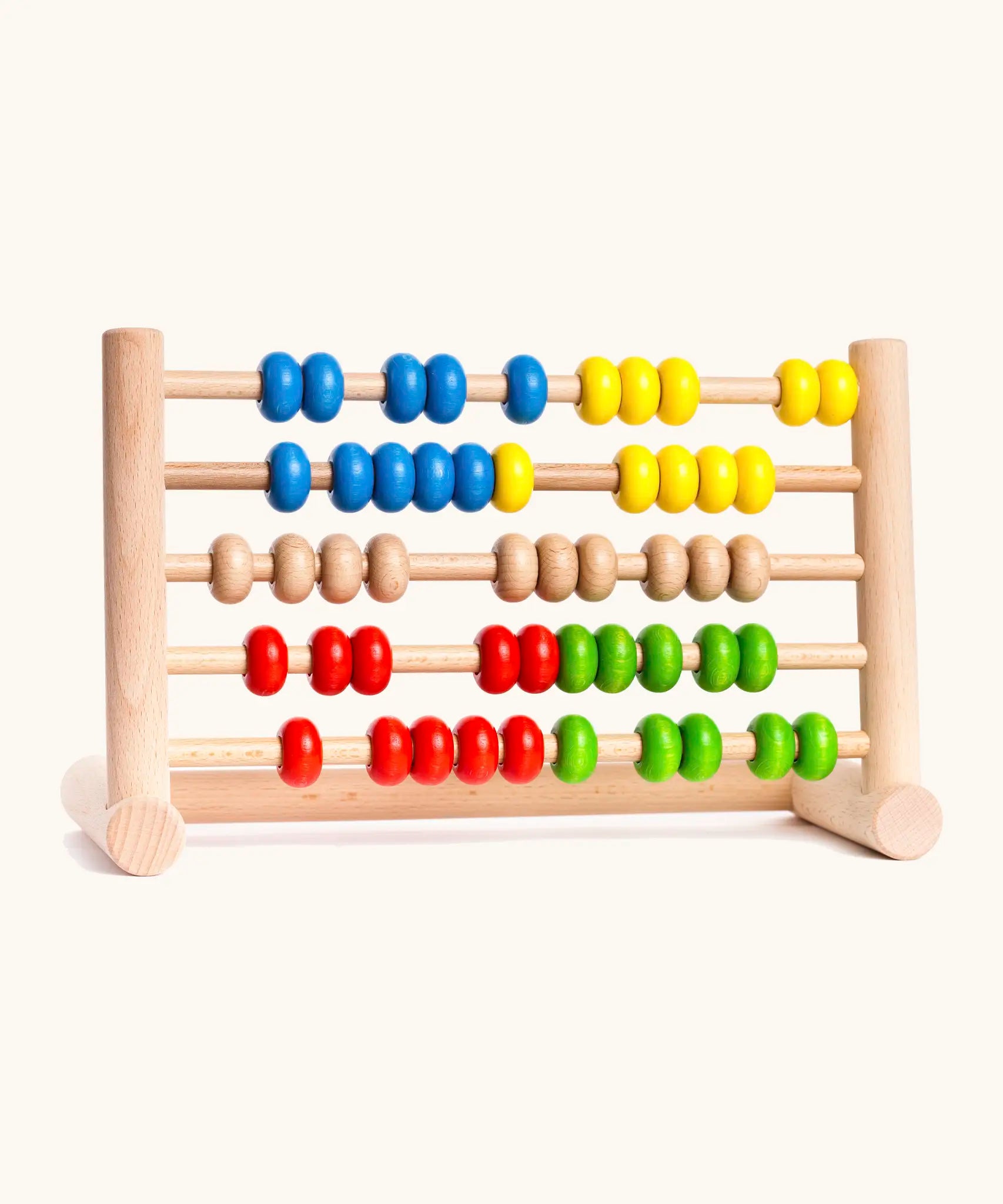 Bajo wooden wide abacus standing  upright showing the different coloured beads and unpainted frame 