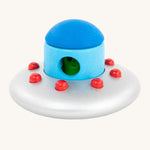 The Bajo Alien Flying Saucer is a fun, kids stacking or stand alone toy, with a silver spaceship with red dots, a blue top and a little green alien inside.