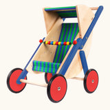 Bajo wooden stylish dolls buggy showing a blue and green striped chair and a string of beads across the front