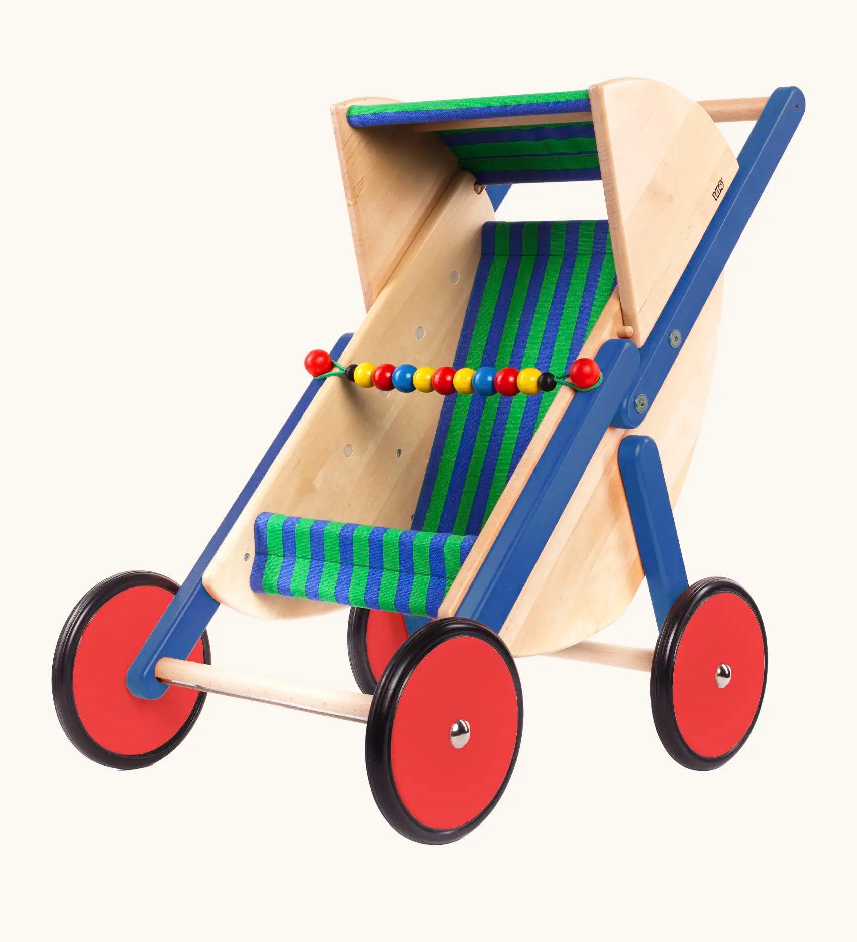 Bajo wooden stylish dolls buggy showing a blue and green striped chair and a string of beads across the front