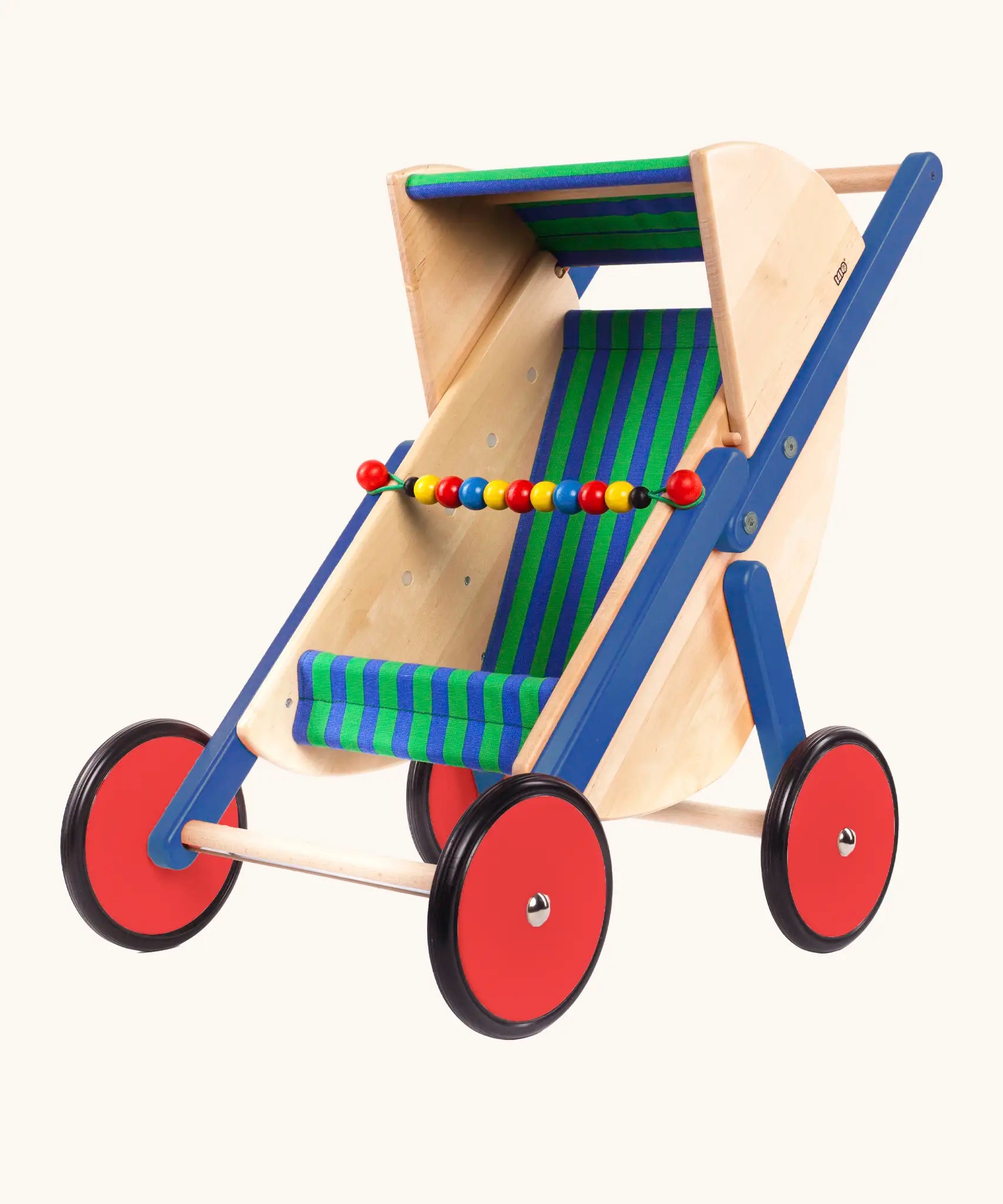 Bajo wooden stylish dolls buggy showing a blue and green striped chair and a string of beads across the front