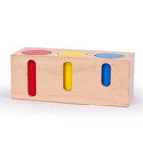 Bajo deep and shallow shape sorter puzzle set available at Babipur. The rectangular shape wooden base has the 3 coloured tubes inside 